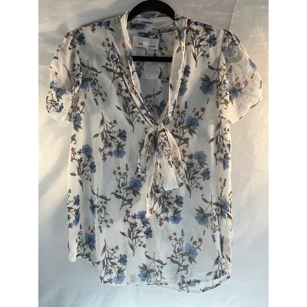 June & Hudson Floral Tie Neck Blouse White Blue Chiffon Short Sleeve MT5228468